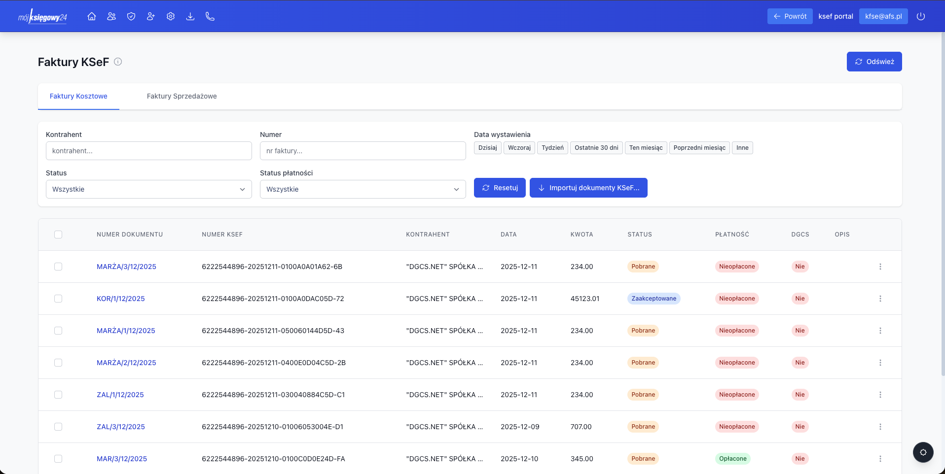 DGCS Portal KSeF - Lista faktur